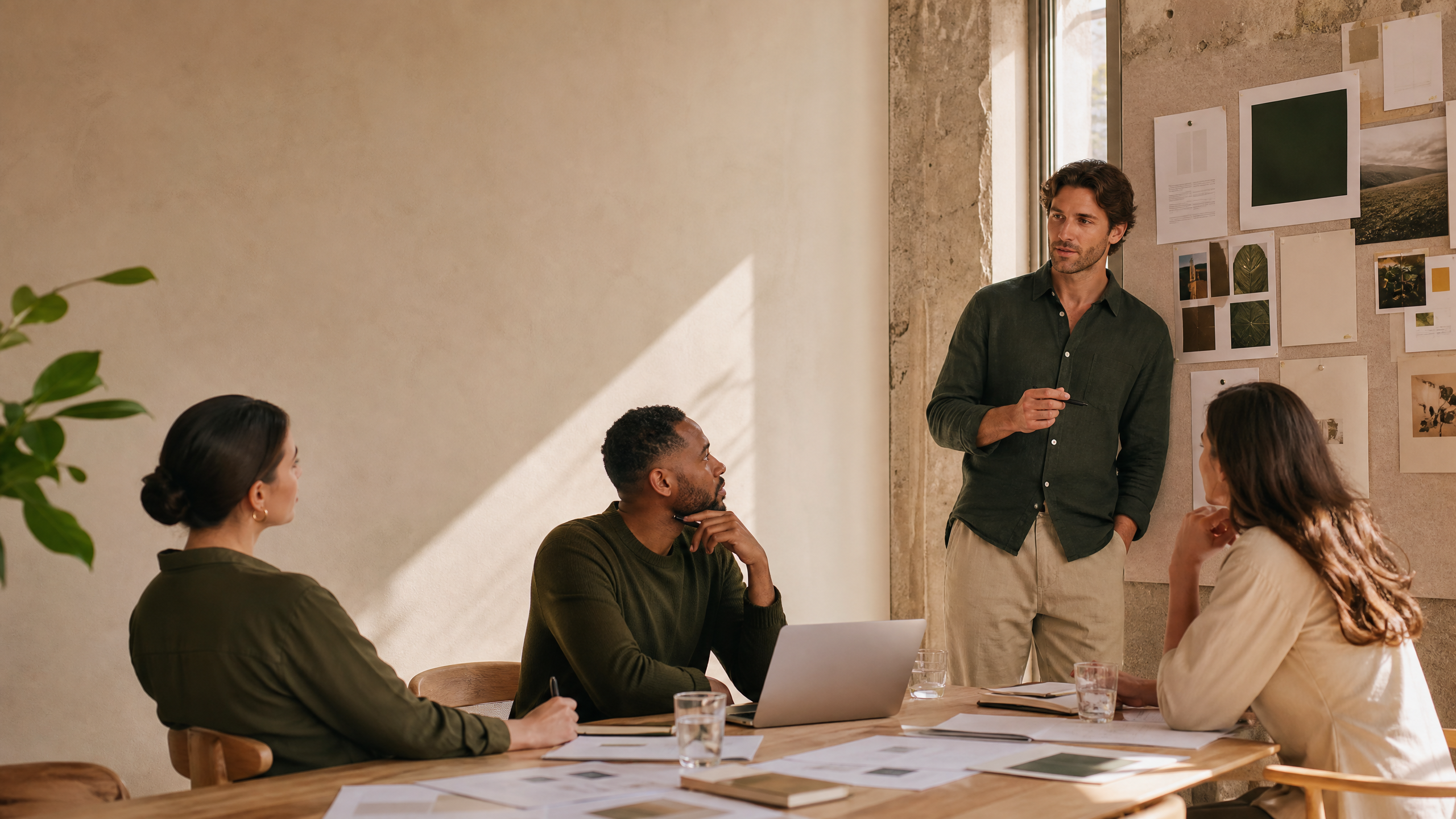A team collaborating around a table in a bright studio